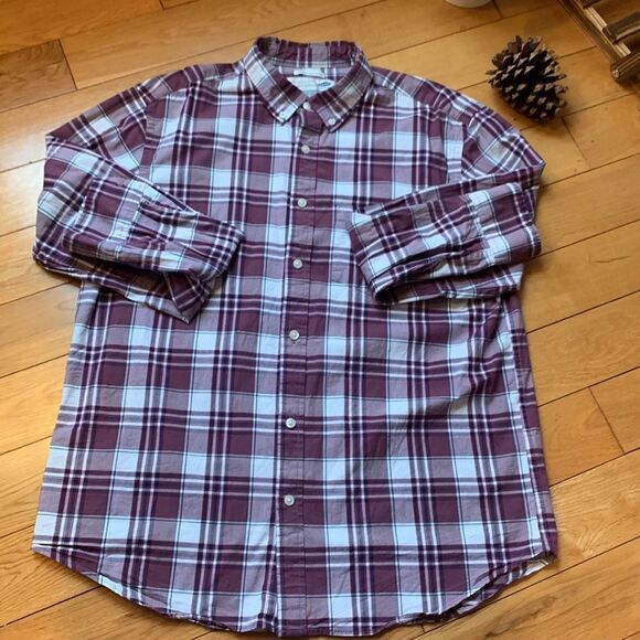 Old navy classic fit button up long sleeve shirt sz L red, purple, navy plaid - Picture 1 of 11